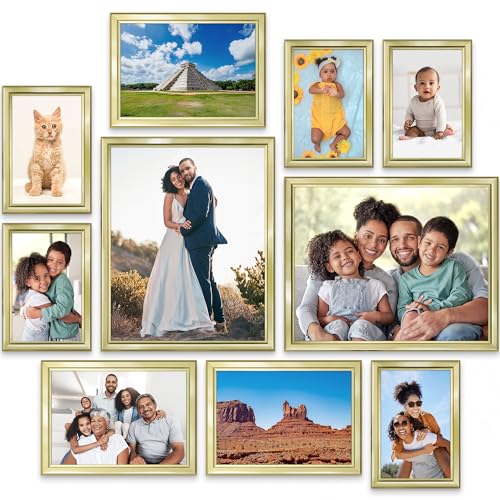 Combination Gold Picture Frames Set - 10 PC (Five 4x6, Three 5x7, Two 8x10), Classy Contemporary Style, Maestro Collection for Wall Gallery | Icona Bay Mixed Photo Frames - Glass Cover Sheet - Classy Contemporary Style - Wall Gallery, Collage - Table Top