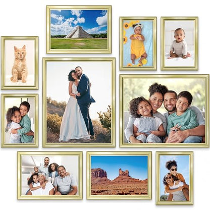 Combination Gold Picture Frames Set - 10 PC (Five 4x6, Three 5x7, Two 8x10), Classy Contemporary Style, Maestro Collection for Wall Gallery | Icona Bay Mixed Photo Frames - Glass Cover Sheet - Classy Contemporary Style - Wall Gallery, Collage - Table Top