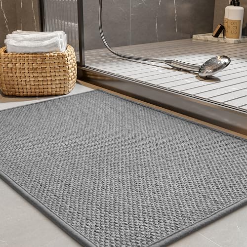 PADOOR Non-Slip Bath-Mats for Bathroom, Rubber-Backing Braided Absorbent Bathroom Mat Machine Washable Thin Bathroom Rugs Fit Under Door Quick Dry Bath Rugs for Floor, 17''x24'' Grey - color: Grey, size: 17''x24'' Rectangular