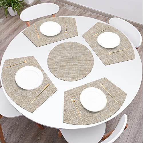 SHACOS Large Size Wedge Shape Placemats with Centerpiece Round Mat Set of 5 Round Table Place Mats Washable Dining Table Placemats Reversible, Beige - color: Beige