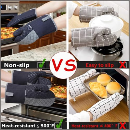 Oven Mitts and Pot Holders Sets 6pcs, Kitchen Oven Glove,High Heat Resistant 550 Degree Extra Long Oven Mitts and Potholders with Non-Slip Silicone Surface for Home Essentials (Grey) (Matte Black) - color: Black