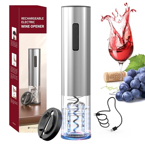 CIRCLE JOY Electric Wine Opener Rechargeable Stainless Steel Automatic Corkscrew Wine Bottle Opener with Foil Cutter, Blue Led Indicator and One-Click Button, Silver - color: Standard Silver
