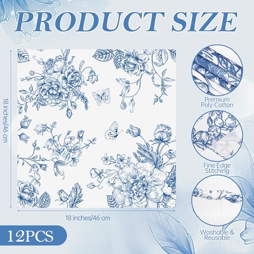 Kochorie 12 Pieces Blue Floral Cloth Napkins, 18 x 18 Inch Reusable Soft Fabric Napkins, Washable Flower Dinner Cocktail Napkin for Spring Summer Tea Party Holiday Home Kitchen Wedding Restaurant - color: Blue