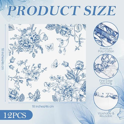 Kochorie 12 Pieces Blue Floral Cloth Napkins, 18 x 18 Inch Reusable Soft Fabric Napkins, Washable Flower Dinner Cocktail Napkin for Spring Summer Tea Party Holiday Home Kitchen Wedding Restaurant - color: Blue