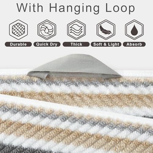 VOOVA & MOVAS Striped Towels 6 Pack, 100% Cotton, Gray Beige | All-Around Bathroom Use, Available in 13x13, 16x27, 28x52 In, Quick Dry, Soft, Absorbent, Bath Towels with Hanging Loops - color: Beige + Gray Striped, size: 6 PCS Bathroom Towels