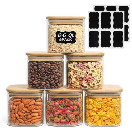 ComSaf Square Glass Containers With Lids 0.6 Qt, Set of 6 Small Galss Jars | Small Glass Canisters, Spice Jar, Pantry Organization, Snack, Cookie, Coffee Bar Organization, Size For Subpackage, BPA Free - size: 0.6Qt*6