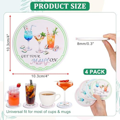 Ceramic Coasters with Holder, Mahjong Table Coasters for Drinks Set of 4 | 4x4 Inch for Most Mugs, Absorbent Round Cup Mats, Mahjong Gift and Accessories, Table Game Housewarming Party Supplies - size: 4x4 in (Style 1)