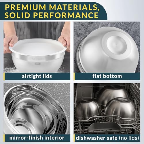 Stainless Steel Mixing Bowls with Lids Set of 5, Nesting Metal, 0.5-5 Qt | Mirror-finish interior, dishwasher safe & BPA-free; stack for food prep, cooking, storage & serving - size: Set of 5