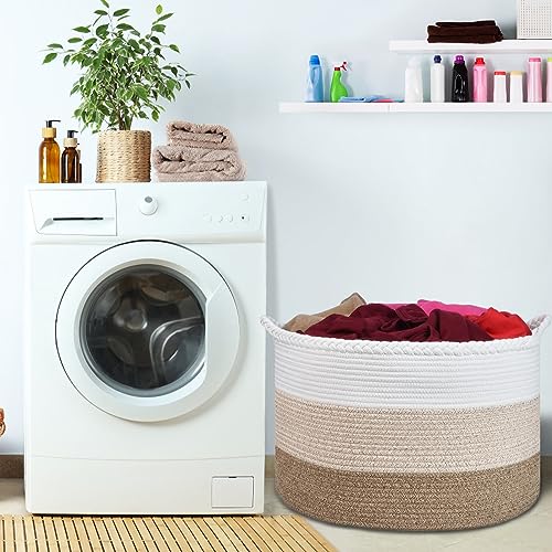 COMSE XXXLarge Woven Blanket & Laundry Basket, 87L, White & Gradient Brown | 21.7" x 13.8", Cotton Rope, Nursery Hamper for Storage of Toys Clothes Towels, Ideal for Living Room Bedroom Bathroom - color: White & Gradient Brown