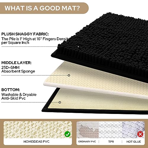 HOMEIDEAS 3 Pieces Bathroom Rugs, Ultra Soft Non Slip Absorbent Chenille Toilet Bath Mat Set (Black) - color: Black-black, size: 17"x24"+20"x32"+U Shape 20"x24"