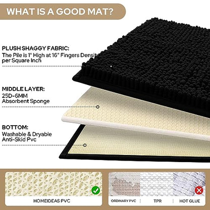 HOMEIDEAS 3 Pieces Bathroom Rugs, Ultra Soft Non Slip Absorbent Chenille Toilet Bath Mat Set (Black) - color: Black-black, size: 17"x24"+20"x32"+U Shape 20"x24"