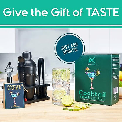 Cocktail Shaker Set - Bartender Kit with Pine Stand | Leak-Proof Design | Includes Martini Shaker, Jigger, Strainer, Spoon, Tongs | Perfect Bar Tools Gift for Home Mixology (Silver) - color: Silver / Dark Stand, size: 8 Pieces