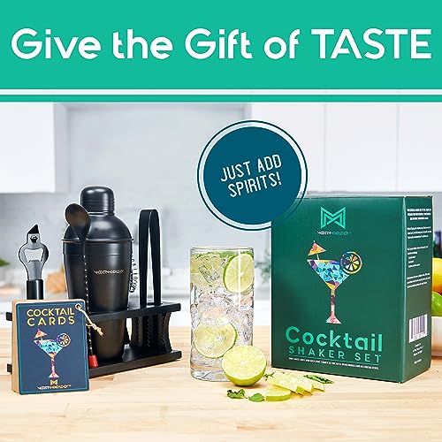 Cocktail Shaker Set - Bartender Kit with Pine Stand | Leak-Proof Design | Includes Martini Shaker, Jigger, Strainer, Spoon, Tongs | Perfect Bar Tools Gift for Home Mixology (Black) - color: Black, size: 8 Pieces