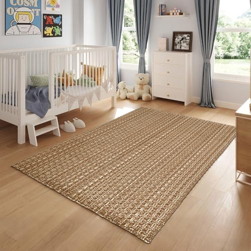 Tan Brown Boho Faux Jute Area Rug 3x5 ft,Braided Solid Non Slip Indoor Rug | Soft stain resistant washable neutral rug for bedroom, living room, home and office - size: 3' x 5' (Rectangular)