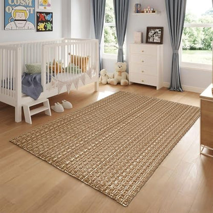 Tan Brown Boho Faux Jute Area Rug 3x5 ft,Braided Solid Non Slip Indoor Rug | Soft stain resistant washable neutral rug for bedroom, living room, home and office - size: 3' x 5' (Rectangular)