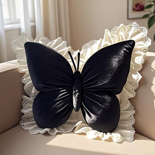 Butterfly Throw Pillow,21.6 inch Velvet Butterfly Decorative Pillow | Lace Trim,Animal Pillow for Couch Living Room Bed,Home Garden Decor - color: Black