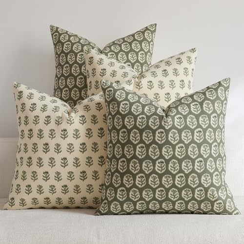 Set of 4 18x18 Floral Pillow Covers, Farmhouse Neutral Print Decorative Throw Pillow Covers for Couch and Living Room Bedroom Home Decor, Vintage Accent Square Pillow Cases, Dark Green - color: Dark Green