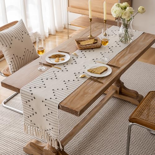 Joyfol Day Boho Table Runner, Farmhouse Stripe Cotton Table Runners with Tassels for Home Dining Table Decor, Rustic Natural Woven Dresser Scarf (Beige&Black,13 x 36 Inch) - size: 13 X 36 INCH