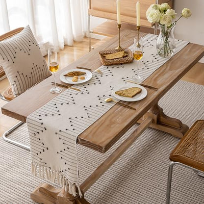 Joyfol Day Boho Table Runner, Farmhouse Stripe Cotton Table Runners with Tassels for Home Dining Table Decor, Rustic Natural Woven Dresser Scarf (Beige&Black,13 x 36 Inch) - size: 13 X 36 INCH