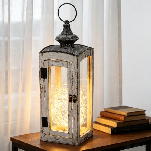 5"x15" Wooden Dome Lantern Made of Solid Fir Wood and Real Glass in Whitewash Finish with Grey Metal Top, Hurricane Lantern, Farmhouse (Whitewash, 5"x5") - color: Whitewash, size: 5"x5"