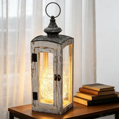 5"x15" Wooden Dome Lantern Made of Solid Fir Wood and Real Glass in Whitewash Finish with Grey Metal Top, Hurricane Lantern, Farmhouse (Whitewash, 5"x5") - color: Whitewash, size: 5"x5"