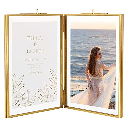 TLBTEK 6x8 Inch Brass Double Glass Picture Frame,Folding Gold Metal Pressed Clear DIY Vintage Artwork Display Frame - color: Double 6X 8 Inch