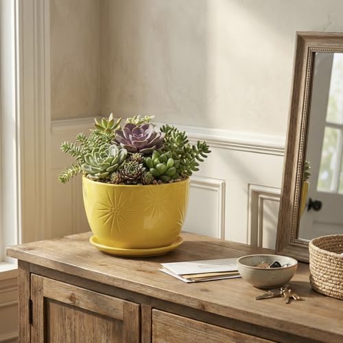 MyGift 7 Inch Yellow Ceramic Planter Pot with Sunburst Design & Saucer | Bright tabletop planter features a textured geometric finish & built-in water tray, perfect for herbs, flowers, and greenery - color: Yellow