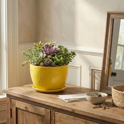 MyGift 7 Inch Yellow Ceramic Planter Pot with Sunburst Design & Saucer | Bright tabletop planter features a textured geometric finish & built-in water tray, perfect for herbs, flowers, and greenery - color: Yellow