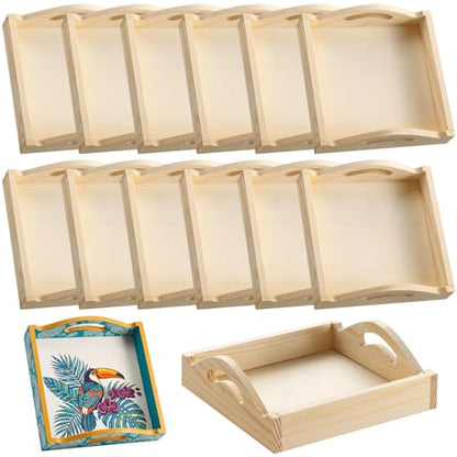 Ferrochef 12 Pcs Unfinished Wooden Trays for Crafts, 5.9 Inch Mini Square Pine Wood Trays with Handles, Blank Wood Serving Tray for DIY Painting, Party Favors, Home Decor