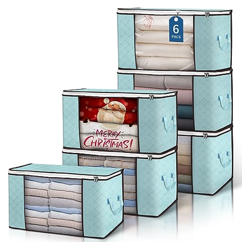 90L Large Storage Bags, 6 Pack Clothes Storage Bins Closet Organizers | Foldable Storage Containers, with Reinforced Handle, for Clothing, Blanket, Comforters, Bed Sheets, Pillows and Toys - color: Blue, size: 6 Pack