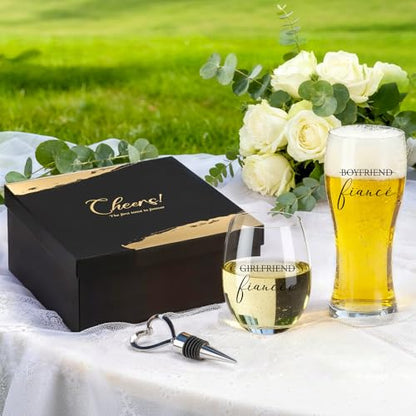 AW BRIDAL Fiance Wine Glasses and Beer Mug Set with Wine Stopper for Couple | Engagement Gifts for Women, Newly Wed Gift for the Couple 2026, Engaged Wine Glasses for Bride to Be, Fiance Fiancee Gift - style: Fiancé Glasses