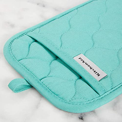 KITCHENAID Quilted Cotton Terry Cloth Oven Mitt, Pot Holder, Kitchen Towel 4-Pack Set, Heat Resistant, Silicone Grip, 16"x26", 7"x13" & 7"x10", Aqua Sky - color: Aqua Sky
