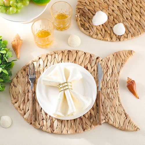 Set of 6 Fish Woven Placemats Water Hyacinth Nautical Placemats Large Wicker Rattan Chargers for Dining Table, Farmhouse Boho Weave Plates Chargers Coastal Beach Theme House Table Decor