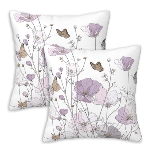 Pastel Wildflower Throw Pillow Covers 18x18 Set of 2 | Butterfly Botanical Decorative Cushion Covers for Couch Sofa Living Room | Delicate Floral Pillowcases for Bedroom Home Decor - color: Butterfly Wildflower