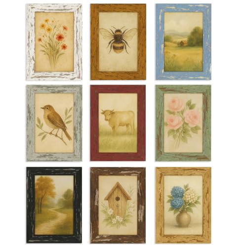 4x6 Rustic Farmhouse Picture Frames with Vintage Prints, Set of 9 | Distressed MDF wood-look frames in assorted colors with acrylic fronts for gallery walls, shelves, desks, or tabletops - color: Multicolour 9, size: 4x6