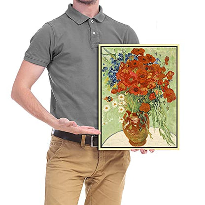 Wieco Art Framed Wall Art Canvas Prints of Red Poppies and Daisies Canvas Prints Wall Art of Van Gogh Paintings Reproduction Abstract Artwork for Wall Decor Golden Frame - size: 16"L x 12"W