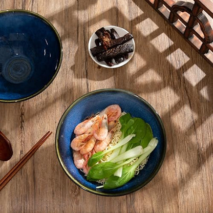 8 Inch Ceramic Ramen Bowl Set of 2, 40oz Japanese Bowls with Spoons & Chopsticks,Durable,Microwave & Dishwasher Safe,Perfect for Ramen,Pho,Salad,Soup,Noodles，Mixing bowls（Blue Topaz） - color: Blue Topaz
