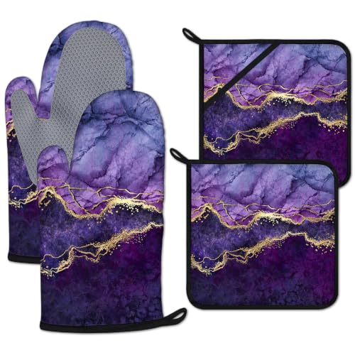 Purple Gold Marble Oven Mitts and Pot Holders Sets 4 Pcs Silicone Kitchen Gloves Heat Resistant Potholders for Baking Grilling BBQ - color: Purple Marble