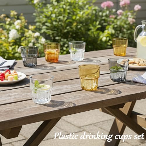 6 Pack Plastic Drinking Glasses, Stackable, 200 ml/7oz Colored Water Cups | Unbreakable Reusable tumblers for juice, kitchen, camping, kids