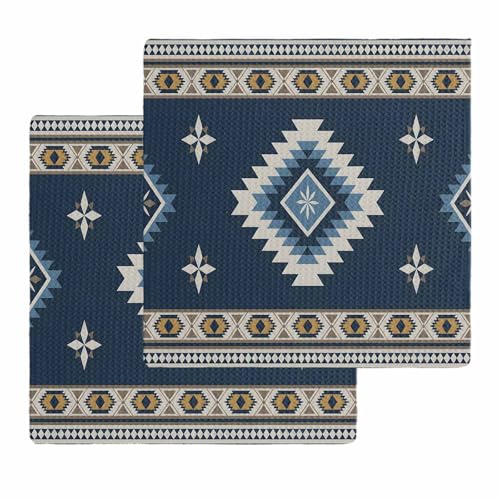 Blue Southwest Dish Towels Waffle Kitchen Towels Set, Absorbent Quick Drying Towel Cleaning Abstract Western Boho Tribe Geometric Hand Towels for Bathroom 2 Pack Dish Cloths 12"x12" - color: Classickon25679, size: 2PCS-12x12in