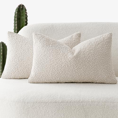 Foindtower Pack of 2 Textured Boucle Throw Pillow Covers Accent Solid Lumbar Pillow Cases Cozy Soft Decorative Couch Cushion Case for Chair Sofa Bedroom Living Room Home Decor, 12 x 20 Inch,Beige - color: Beige, size: 20" x 12" (Pack of 2)