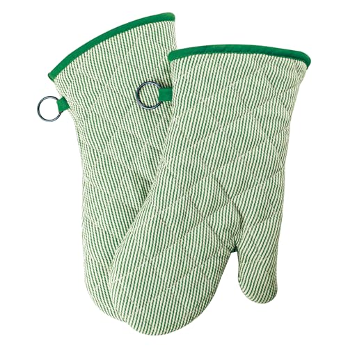 Yarn Dyed Oven Mitts 1 Pair, 100% Cotton Heat Resistant 470 Degree | Oven Gloves for Men Women Cooking Baking Barbecue BBQ Microwave Crafting Machine Washable Pot Holders Mittens (Green 2) - color: Green