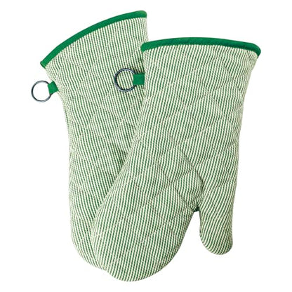 Yarn Dyed Oven Mitts 1 Pair, 100% Cotton Heat Resistant 470 Degree | Oven Gloves for Men Women Cooking Baking Barbecue BBQ Microwave Crafting Machine Washable Pot Holders Mittens (Green 2) - color: Green