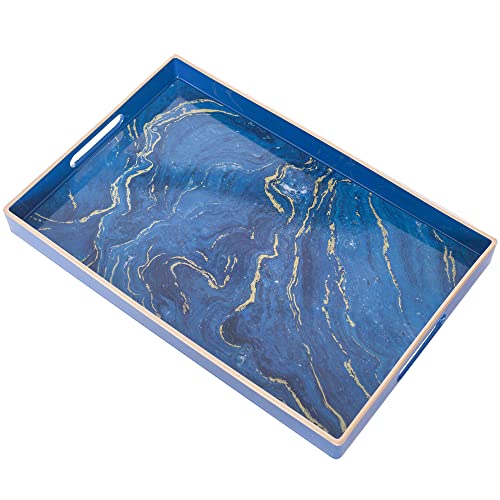 Blue Decorative Tray, Plastic Rectangle Serving Tray with Handles | Rectangular Coffee Table Trays, Modern Marbling Sticker Trays Melamine Tray for Ottoman, Kitchen Countertop, 15.7” x 10.2” - color: Blue, size: 15.6" x 10.2" x 1.6"