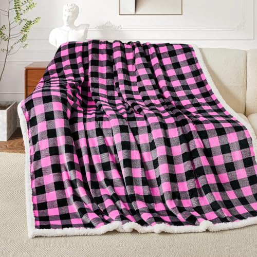 BEAUTEX Christmas Sherpa Fleece Twin Blanket Soft Warm Buffalo Plaid | Plush Blanket & Throw, Winter Cozy Fuzzy for Couch, Sofa, Bed (Pink, 60" x 80") - color: Pink, size: Twin-60"x80"