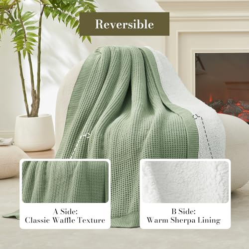 Reversible Waffle Weave Throw Blanket, Chenille Knit with Warm Sherpa, Soft Cozy Blanket for Couch, 50"x60", Sage Green - color: Waffle-sage Green