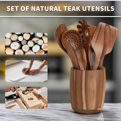 9 PCS Kitchen Utensils Set - Wooden Spoons for Cooking, Natural Teak Wooden Utensils - Includes Wooden Spoons, Spatula Set, Slotted Spoon - Handmade Wooden Spoon Set | Heat Resistant, Non-Scratch, Safe for Nonstick Pan, Easy to Clean, Daily Cooking Use,Sm