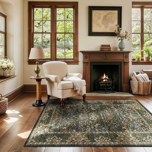 3x5 Washable Area Rug Non-Slip Indoor Carpet for Bedroom Gold Green | Soft Low-Pile Throw Rug,Vintage Distressed Botanical Birds Area Rug,Stain Resistant Boho Rug for Living Room Bedroom Kitchen - color: Gold Green (Larger Pattern), size: 3' x 5' (Rectang