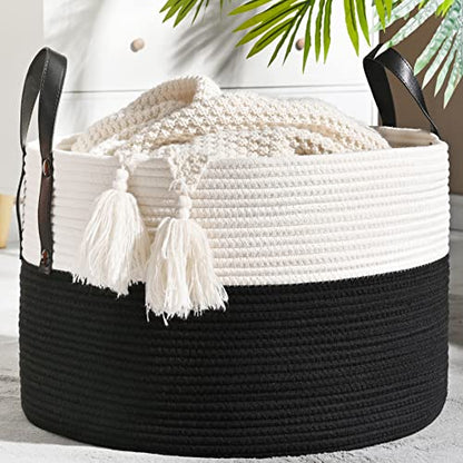 KAKAMAY Large Blanket Basket (20"x13"),Woven Baskets for storage Baby Laundry Hamper, Cotton Rope Blanket Basket for Living Room, Laundry, Nursery, Pillows, Baby Toy chest (White/Black) | Extra Large Capacity | Natural Cotton Rope | Blanket Storage | Wove