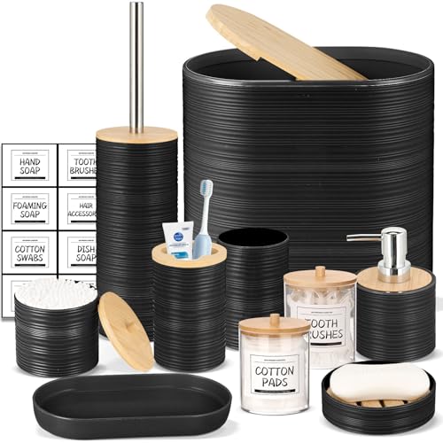 IMAVO Bathroom Accessory Set-11Pcs Black Bathroom Accessories Set with Trash Can,Soap Dispenser,Soap Dish,Toothbrush Holder,Toothbrush Cup,Toilet Brush Holder,Qtip Holder Dispenser with Labels - color: Black, size: 11 PCS Bathroom Set
